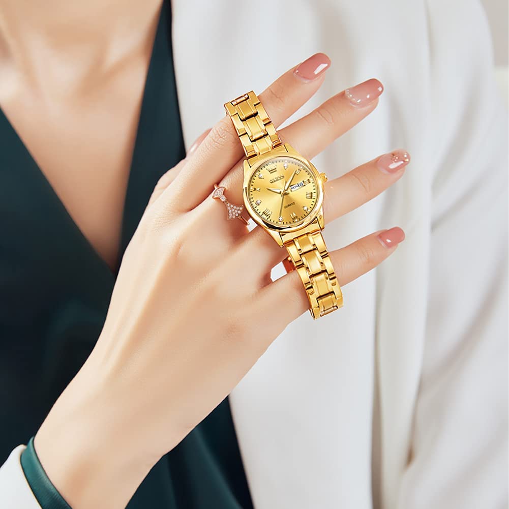 OLEVS Gold Watches for Women Luxury Wrist Watches Day and Date Waterproof Stainless Steel Quartz Analog Lightweight Ladies Watches Adjustable Bracelet Simple Dress Wristwatch Gold Black White Dial - Image 8